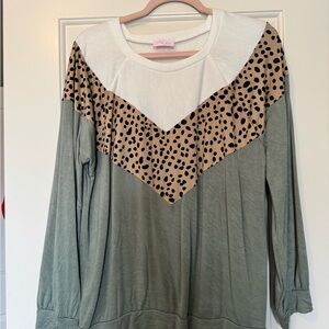 Pink Lily Green and White Sweatshirt with Leopard Print